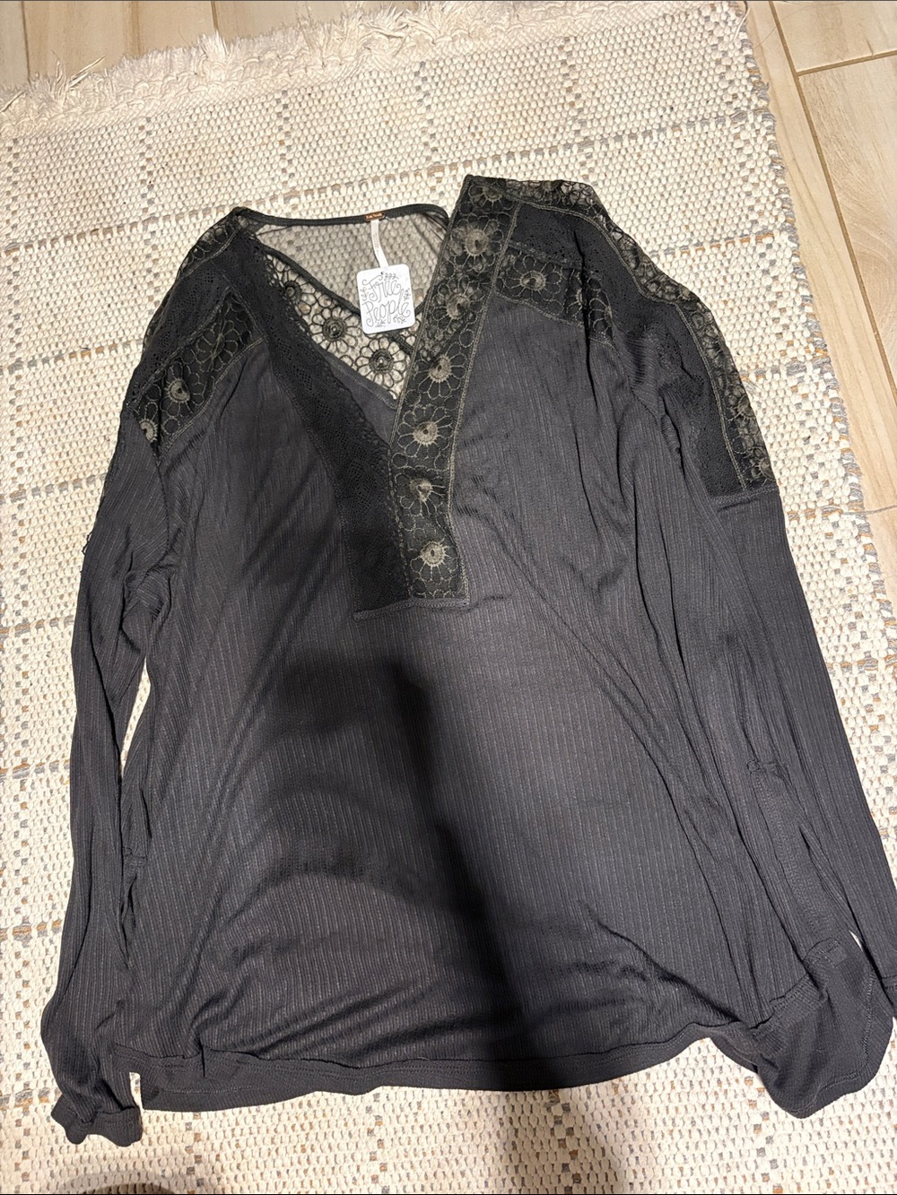 Free People Black Lace Trim V-Neck Long Sleeve Blouse